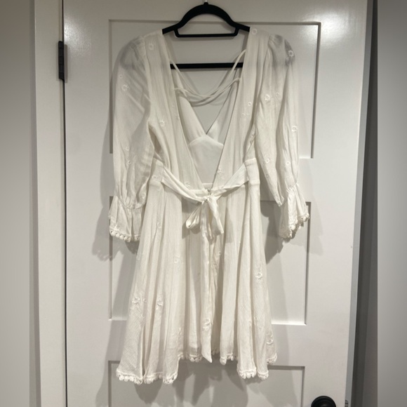 Embroidered white v neck sundress with open back and back bow tie detail - Picture 5 of 10